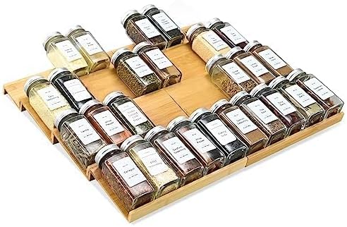 Spice Drawer Organizer with 24 Spice Jars,216 Labels,25 Non-slip Rubber, Bamboo 4 Tier Seasoning Rack Tray Insert for Kitchen Drawers,Cabinets,Countertop,11" Wide x 15.8" Deep