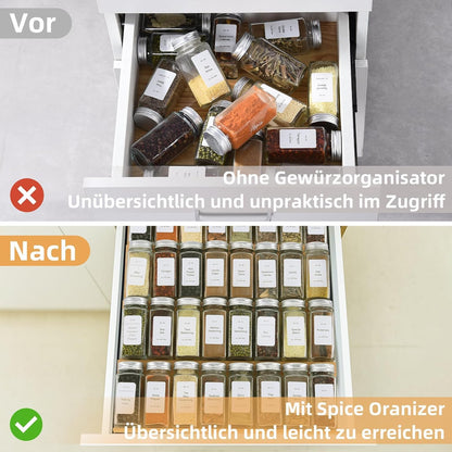 Spice Drawer Organizer with 24 Spice Jars,216 Labels,25 Non-slip Rubber, Bamboo 4 Tier Seasoning Rack Tray Insert for Kitchen Drawers,Cabinets,Countertop,11" Wide x 15.8" Deep