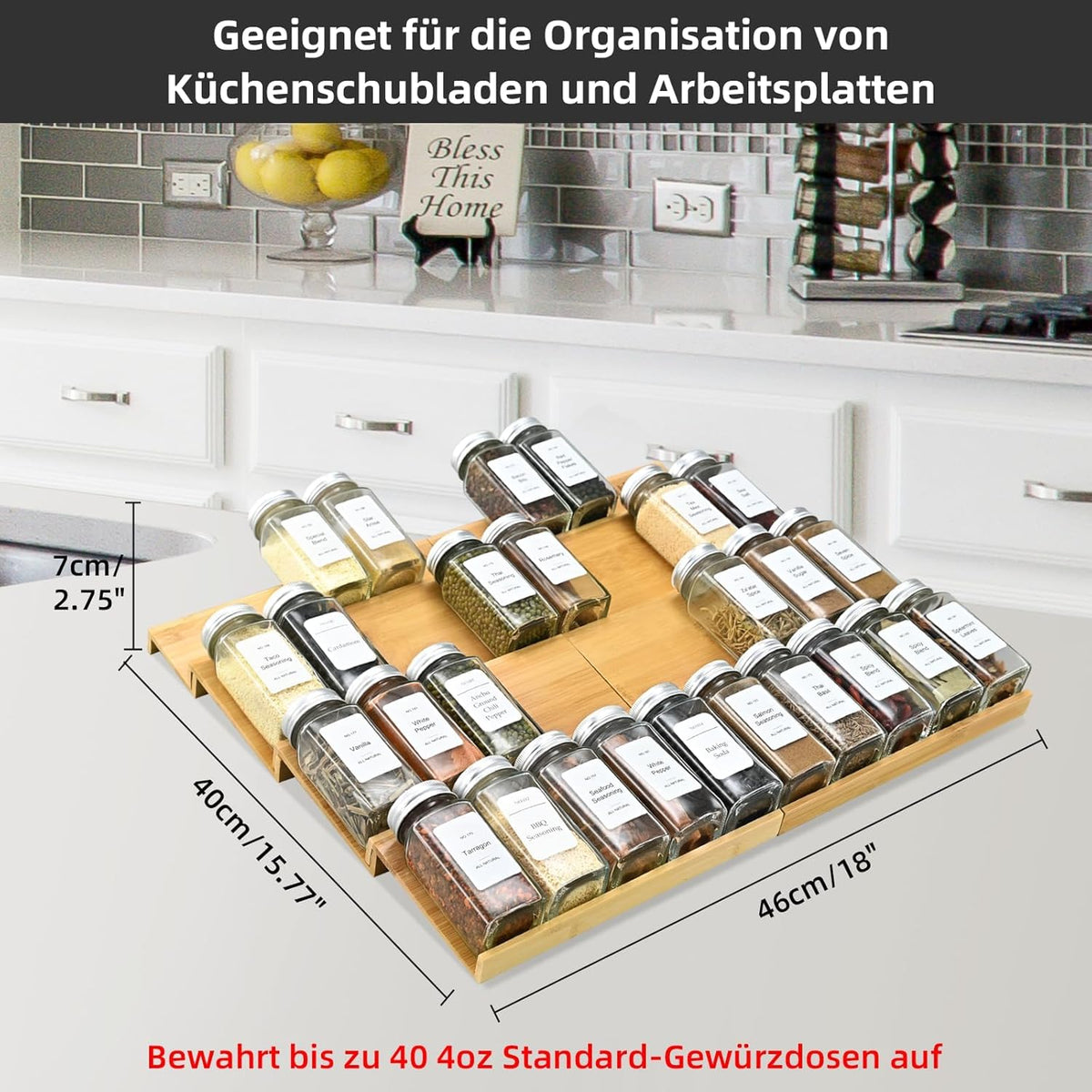 Spice Drawer Organizer with 24 Spice Jars,216 Labels,25 Non-slip Rubber, Bamboo 4 Tier Seasoning Rack Tray Insert for Kitchen Drawers,Cabinets,Countertop,11" Wide x 15.8" Deep