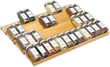 Spice Drawer Organizer with 24 Spice Jars,216 Labels,25 Non-slip Rubber, Bamboo 4 Tier Seasoning Rack Tray Insert for Kitchen Drawers,Cabinets,Countertop,11" Wide x 15.8" Deep