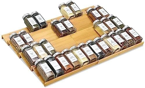 Spice Drawer Organizer with 24 Spice Jars,216 Labels,25 Non-slip Rubber, Bamboo 4 Tier Seasoning Rack Tray Insert for Kitchen Drawers,Cabinets,Countertop,11" Wide x 15.8" Deep