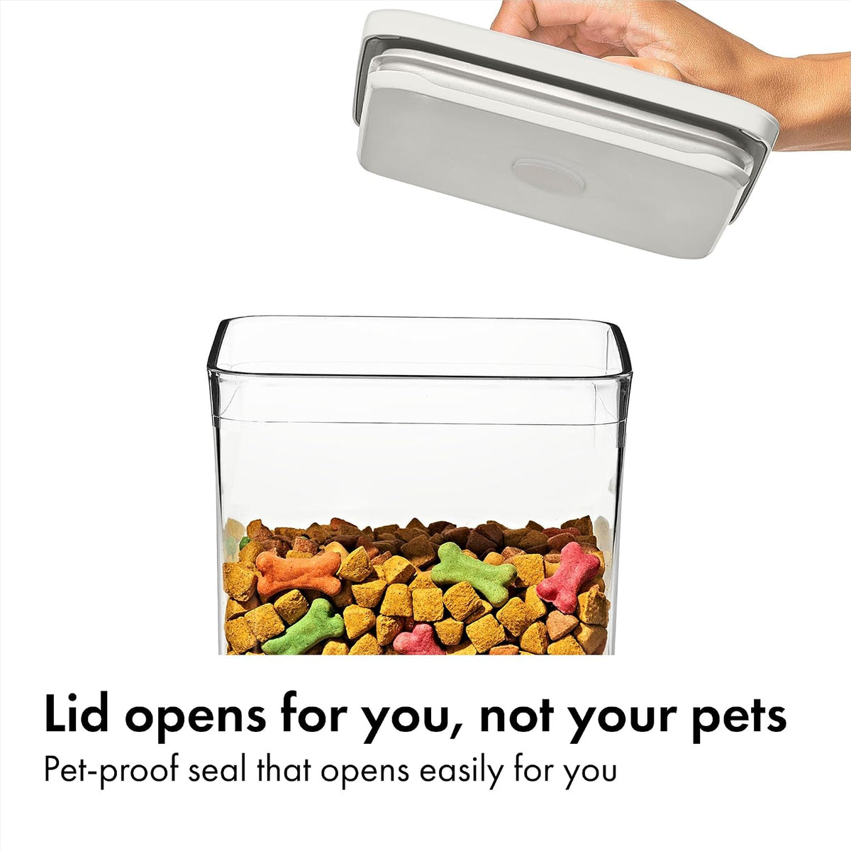 Good Grips Pet POP Container – 6.0 Qt/5.7 L with Half Scoop, Ideal for up to 6.5lbs of Dog Food or 4.5lbs of Cat Food, Airtight Dog and Cat Food Storage Container, BPA Free, Clear