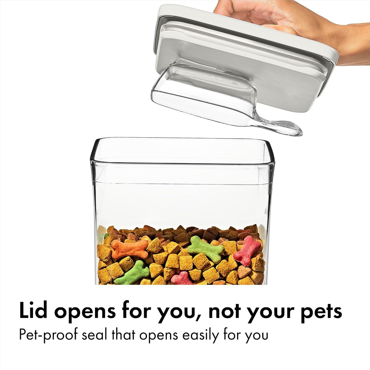 Good Grips Pet POP Container – 6.0 Qt/5.7 L with Half Scoop, Ideal for up to 6.5lbs of Dog Food or 4.5lbs of Cat Food, Airtight Dog and Cat Food Storage Container, BPA Free, Clear