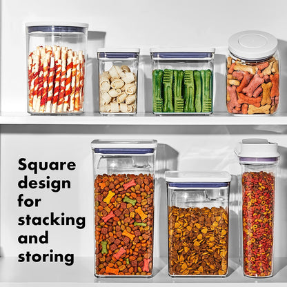 Good Grips Pet POP Container – 6.0 Qt/5.7 L with Half Scoop, Ideal for up to 6.5lbs of Dog Food or 4.5lbs of Cat Food, Airtight Dog and Cat Food Storage Container, BPA Free, Clear