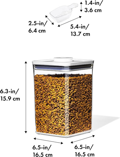 Good Grips Pet POP Container – 6.0 Qt/5.7 L with Half Scoop, Ideal for up to 6.5lbs of Dog Food or 4.5lbs of Cat Food, Airtight Dog and Cat Food Storage Container, BPA Free, Clear