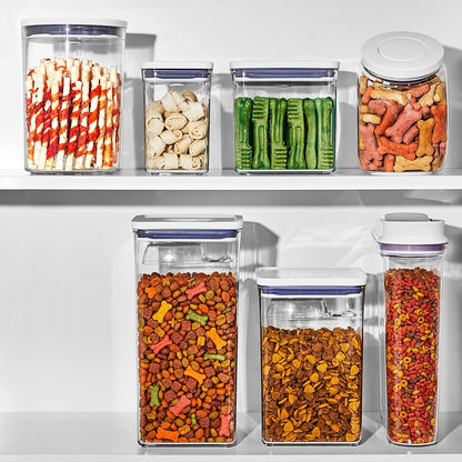 Good Grips Pet POP Container – 6.0 Qt/5.7 L with Half Scoop, Ideal for up to 6.5lbs of Dog Food or 4.5lbs of Cat Food, Airtight Dog and Cat Food Storage Container, BPA Free, Clear