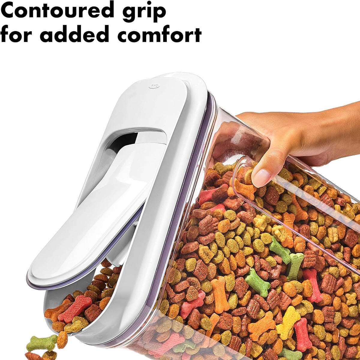 Good Grips Pet POP Container – 6.0 Qt/5.7 L with Half Scoop, Ideal for up to 6.5lbs of Dog Food or 4.5lbs of Cat Food, Airtight Dog and Cat Food Storage Container, BPA Free, Clear