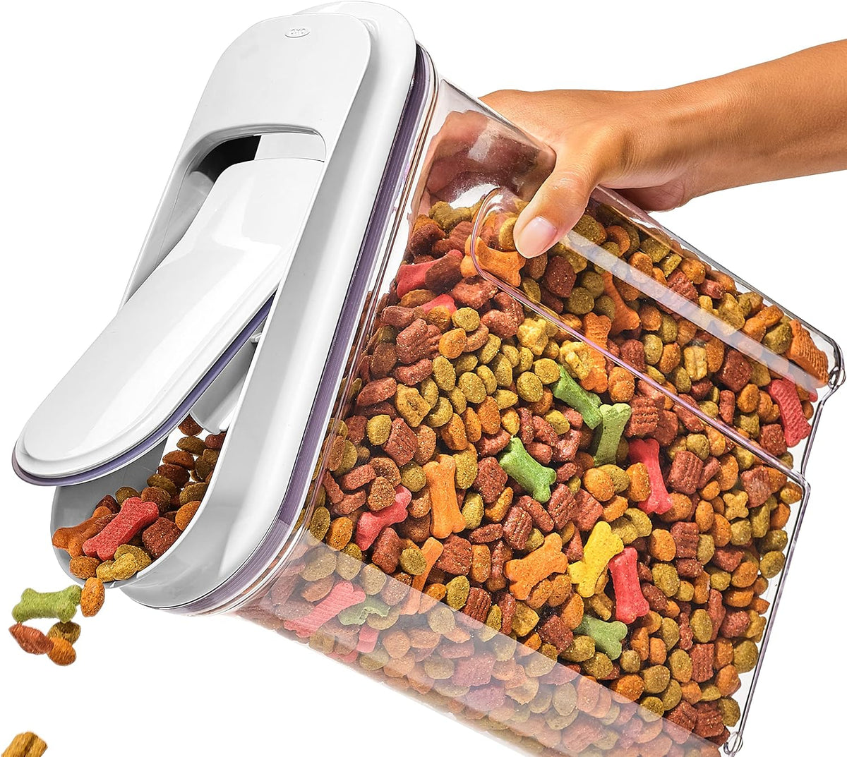 Good Grips Pet POP Container – 6.0 Qt/5.7 L with Half Scoop, Ideal for up to 6.5lbs of Dog Food or 4.5lbs of Cat Food, Airtight Dog and Cat Food Storage Container, BPA Free, Clear