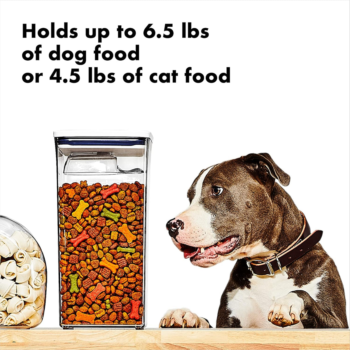 Good Grips Pet POP Container – 6.0 Qt/5.7 L with Half Scoop, Ideal for up to 6.5lbs of Dog Food or 4.5lbs of Cat Food, Airtight Dog and Cat Food Storage Container, BPA Free, Clear