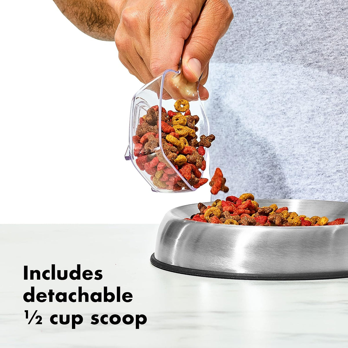 Good Grips Pet POP Container – 6.0 Qt/5.7 L with Half Scoop, Ideal for up to 6.5lbs of Dog Food or 4.5lbs of Cat Food, Airtight Dog and Cat Food Storage Container, BPA Free, Clear