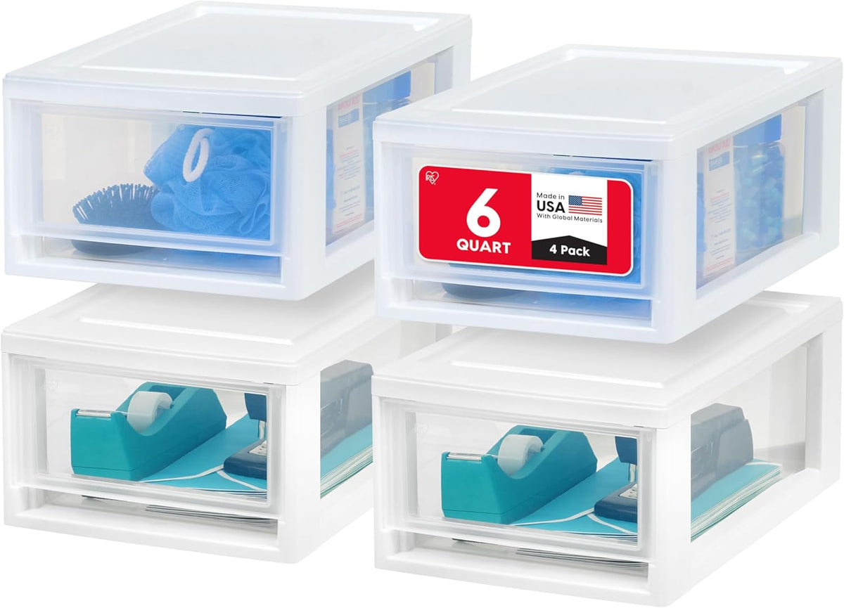 4-Pack, 6 Qt. Small Stacking Drawer Storage Organizer, White | Organize craft supplies, accessories, office items, and small essentials around your home with separate storage spaces
