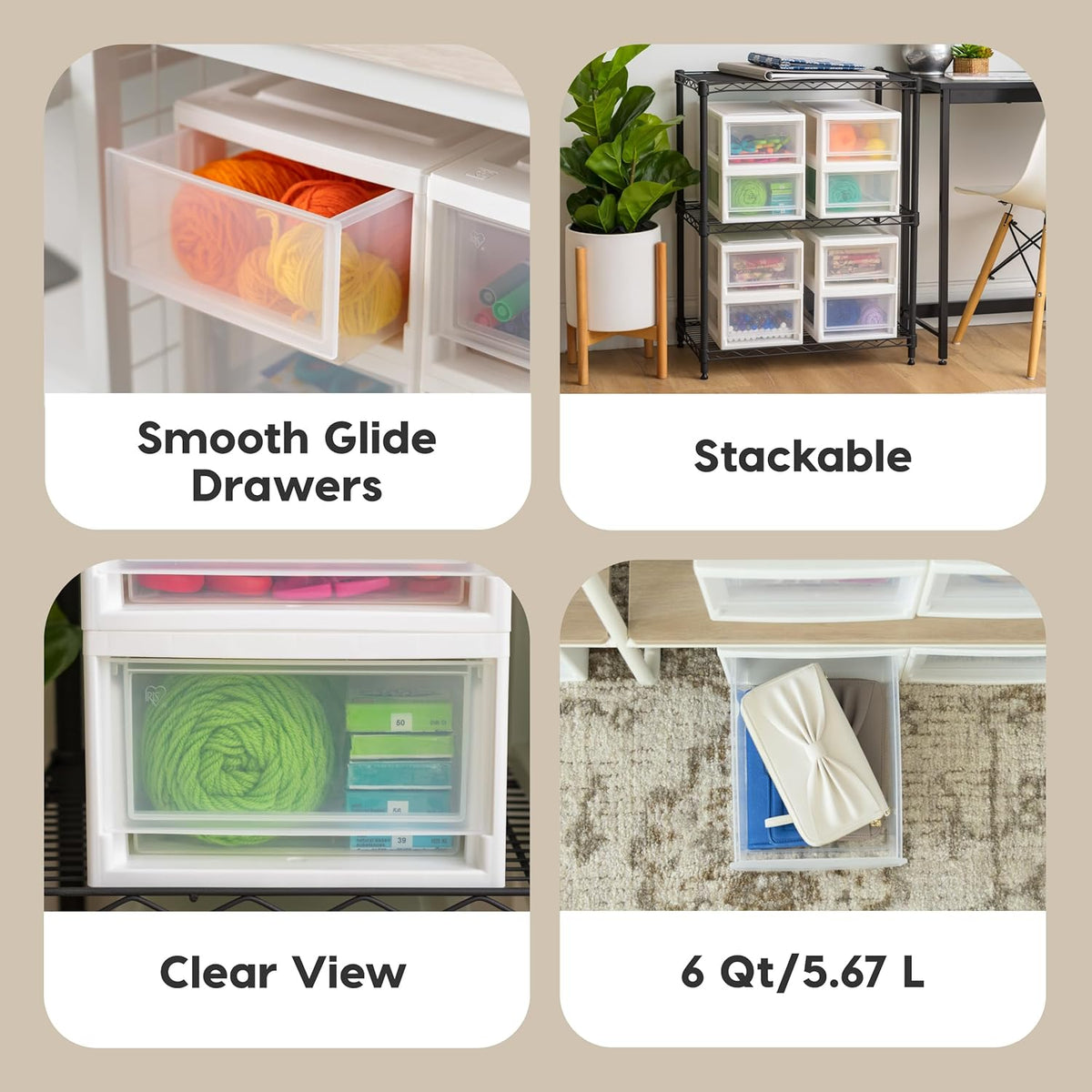 4-Pack, 6 Qt. Small Stacking Drawer Storage Organizer, White | Organize craft supplies, accessories, office items, and small essentials around your home with separate storage spaces