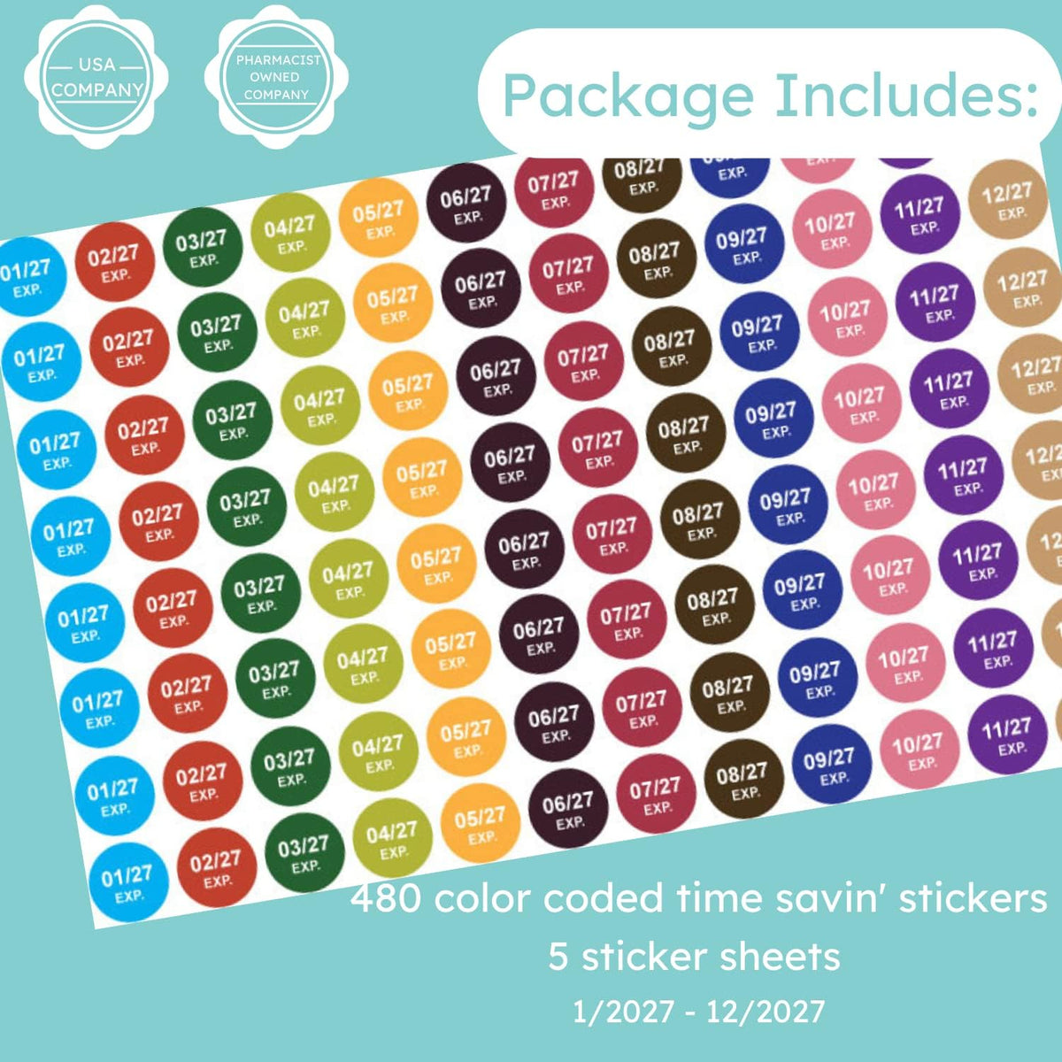 Expiration Dates Stickers System, 2027-2031 | 5 Year Supply, 480 Color Coded Labels, 2027-2031, Pharmacy Inventory & Chemistry & Food Management