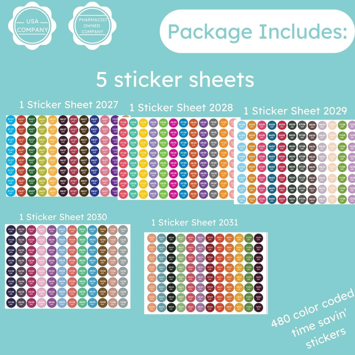 Expiration Dates Stickers System, 2027-2031 | 5 Year Supply, 480 Color Coded Labels, 2027-2031, Pharmacy Inventory & Chemistry & Food Management