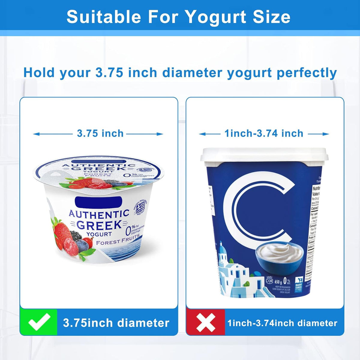 Yogurt Organizer for Fridge, Yogurt Holder for Refrigerator Greek and Vegan Yogurt Organizer Slider Yogurt Organizer Sliding Yogurt Holder w/Adhesive Tapes for 4 Yogurts of 3.75 inch