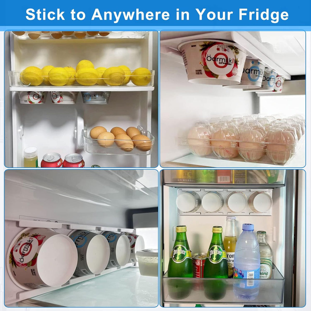 Yogurt Organizer for Fridge, Yogurt Holder for Refrigerator Greek and Vegan Yogurt Organizer Slider Yogurt Organizer Sliding Yogurt Holder w/Adhesive Tapes for 4 Yogurts of 3.75 inch