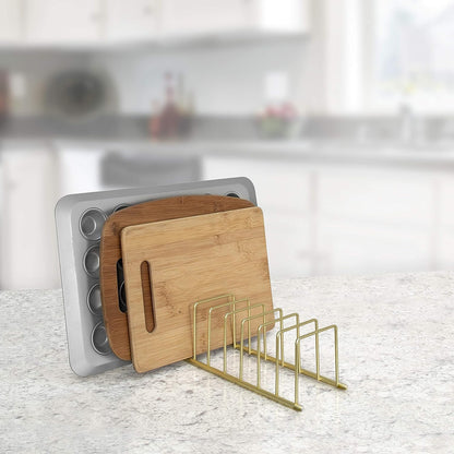 FitWell Kitchen Bakeware Organizer,Plate Racks,Rack for Plastic Lids,Cutting Boards,Cookie Sheets,Pots & Pans Holder,Compact Kitchen Storage,Cabinet Organizer (Gold)
