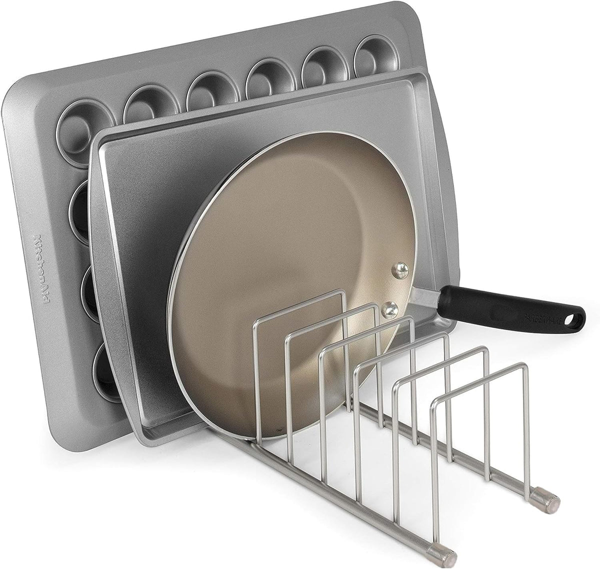 FitWell Kitchen Bakeware Organizer,Plate Racks,Rack for Plastic Lids,Cutting Boards,Cookie Sheets,Pots & Pans Holder,Compact Kitchen Storage,Cabinet Organizer (Gold)