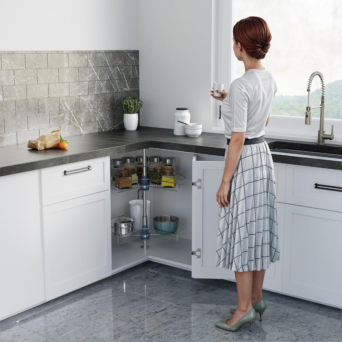 Dowell Base Cabinet Kidney Shape Dia.28 270° Lazy Susan, 2 Shelves, Kitchen Base Corner Cabinet Organizer (Chrome 4001 270 28)