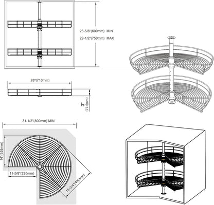 Dowell Base Cabinet Kidney Shape Dia.28 270° Lazy Susan, 2 Shelves, Kitchen Base Corner Cabinet Organizer (Chrome 4001 270 28)