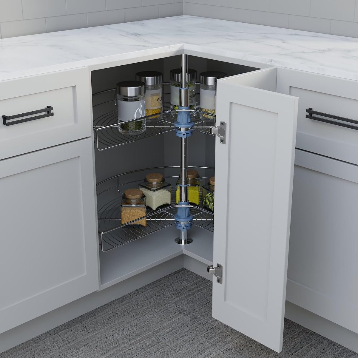 Dowell Base Cabinet Kidney Shape Dia.28 270° Lazy Susan, 2 Shelves, Kitchen Base Corner Cabinet Organizer (Chrome 4001 270 28)