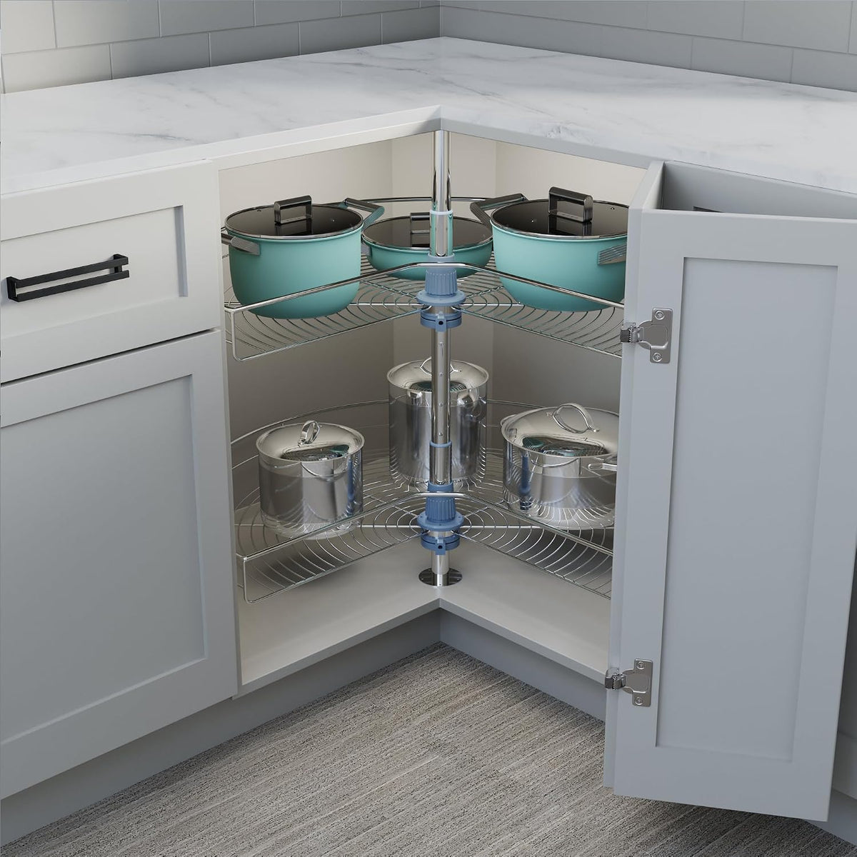 Dowell Base Cabinet Kidney Shape Dia.28 270° Lazy Susan, 2 Shelves, Kitchen Base Corner Cabinet Organizer (Chrome 4001 270 28)