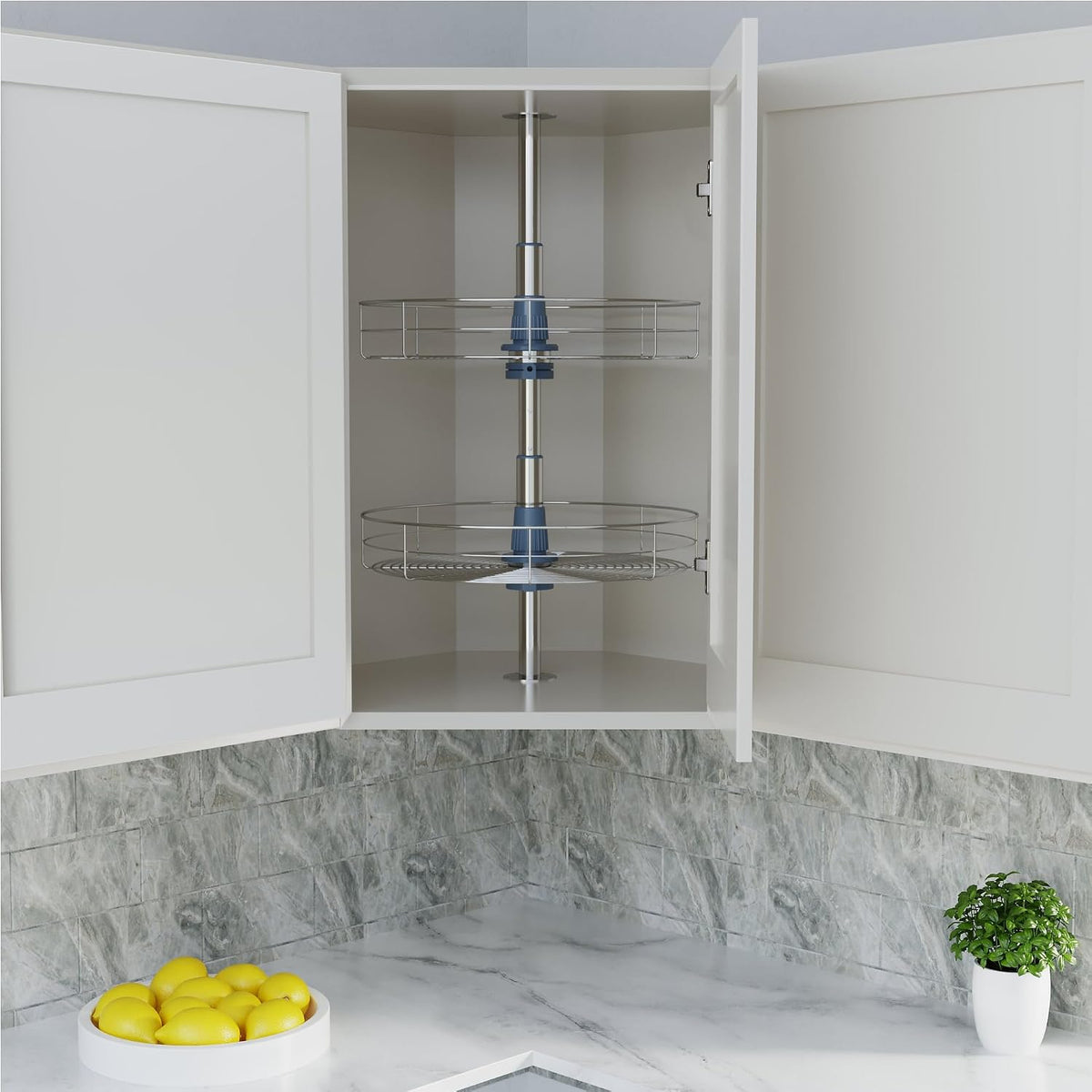 Dowell Base Cabinet Kidney Shape Dia.28 270° Lazy Susan, 2 Shelves, Kitchen Base Corner Cabinet Organizer (Chrome 4001 270 28)