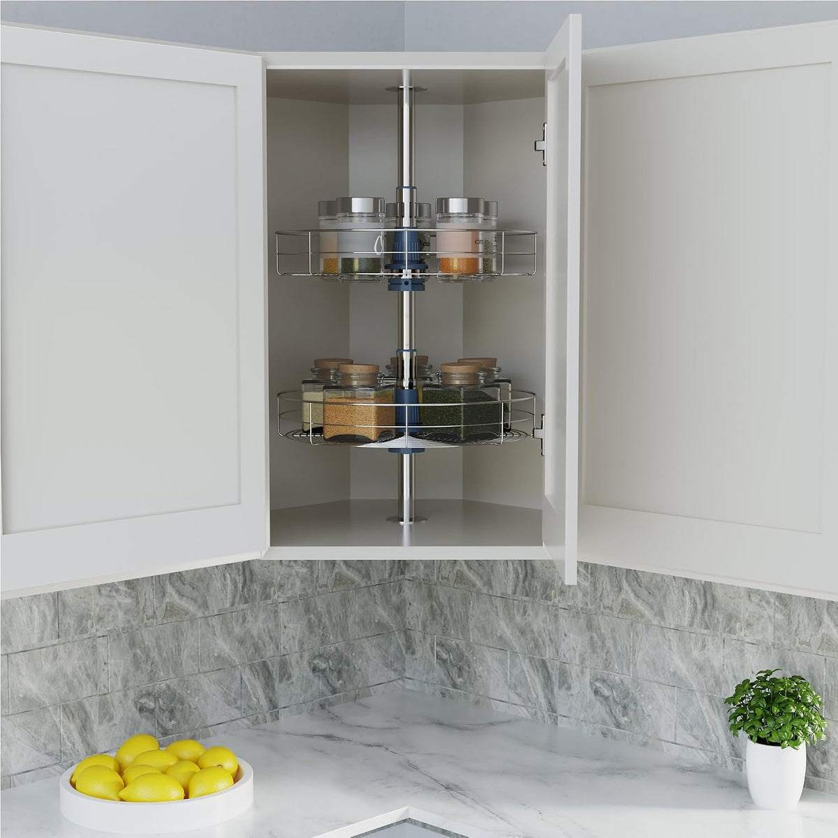 Dowell Base Cabinet Kidney Shape Dia.28 270° Lazy Susan, 2 Shelves, Kitchen Base Corner Cabinet Organizer (Chrome 4001 270 28)