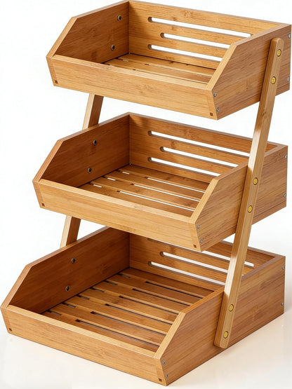 3-Tier Natural Bamboo Fruit & Vegetable Basket Organizer, Ventilated Countertop Kitchen Storage with 2 Removable Banana Hooks, Sturdy for Fruits, Veggies, Snacks, Bread, Easy Assemble