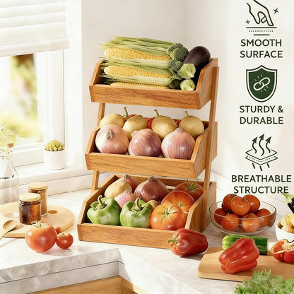 3-Tier Natural Bamboo Fruit & Vegetable Basket Organizer, Ventilated Countertop Kitchen Storage with 2 Removable Banana Hooks, Sturdy for Fruits, Veggies, Snacks, Bread, Easy Assemble