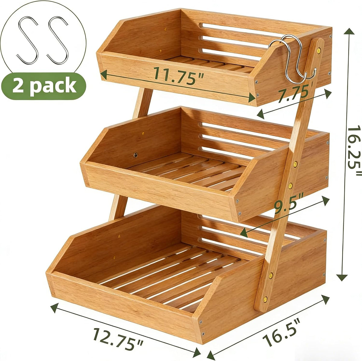 3-Tier Natural Bamboo Fruit & Vegetable Basket Organizer, Ventilated Countertop Kitchen Storage with 2 Removable Banana Hooks, Sturdy for Fruits, Veggies, Snacks, Bread, Easy Assemble