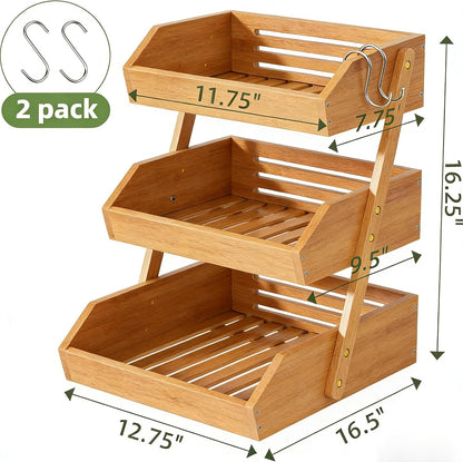 3-Tier Natural Bamboo Fruit & Vegetable Basket Organizer, Ventilated Countertop Kitchen Storage with 2 Removable Banana Hooks, Sturdy for Fruits, Veggies, Snacks, Bread, Easy Assemble