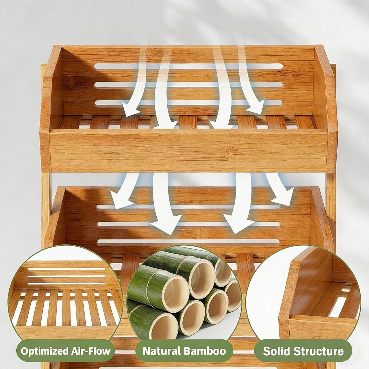 3-Tier Natural Bamboo Fruit & Vegetable Basket Organizer, Ventilated Countertop Kitchen Storage with 2 Removable Banana Hooks, Sturdy for Fruits, Veggies, Snacks, Bread, Easy Assemble