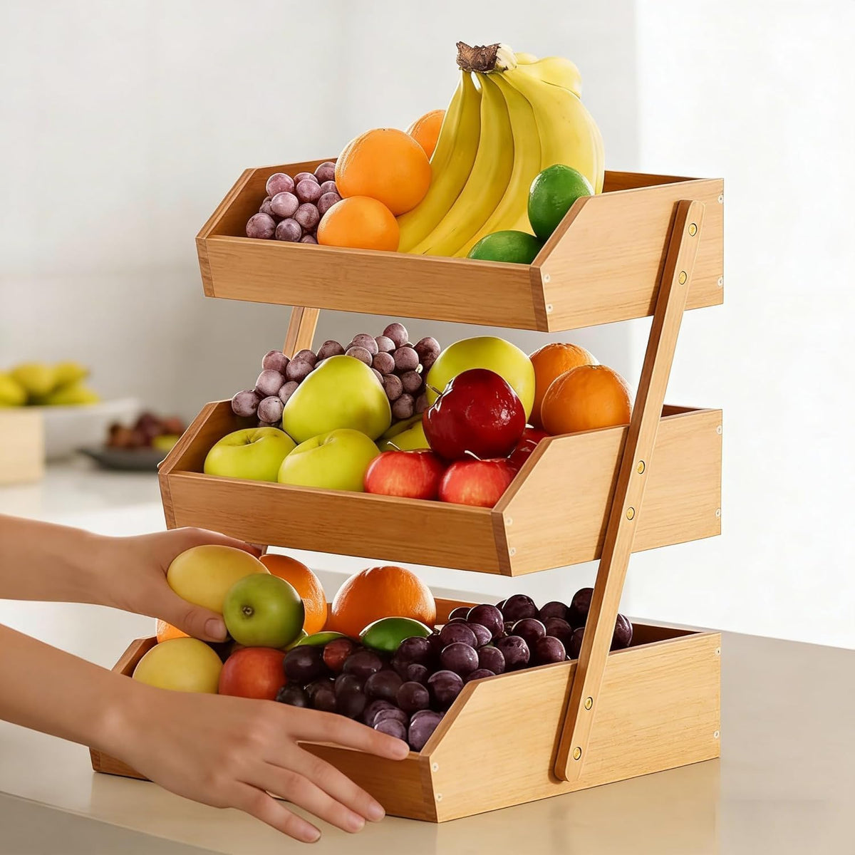 3-Tier Natural Bamboo Fruit & Vegetable Basket Organizer, Ventilated Countertop Kitchen Storage with 2 Removable Banana Hooks, Sturdy for Fruits, Veggies, Snacks, Bread, Easy Assemble