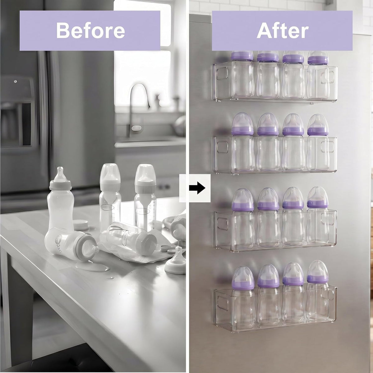 4Pack Clear Magnetic Baby Bottle Organizer for Refrigerator, Space-Saving Storage for Baby Bottles,Bottle Organizer for kitchen