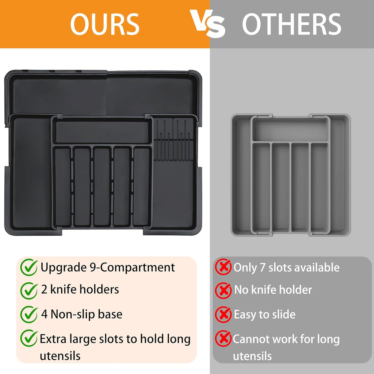 Silverware Organizer - Expandable Large Kitchen Drawer Organizer Utensil Organizer with 2 Removable Knife Blocks, 22"x 19"Cutlery Tray Drawer Dividers for Kitchen Flatware(6-9 Slots) (Black)