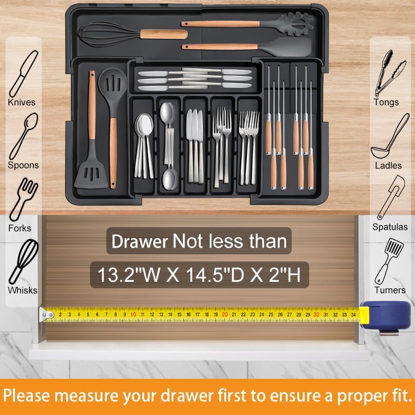 Silverware Organizer - Expandable Large Kitchen Drawer Organizer Utensil Organizer with 2 Removable Knife Blocks, 22"x 19"Cutlery Tray Drawer Dividers for Kitchen Flatware(6-9 Slots) (Black)
