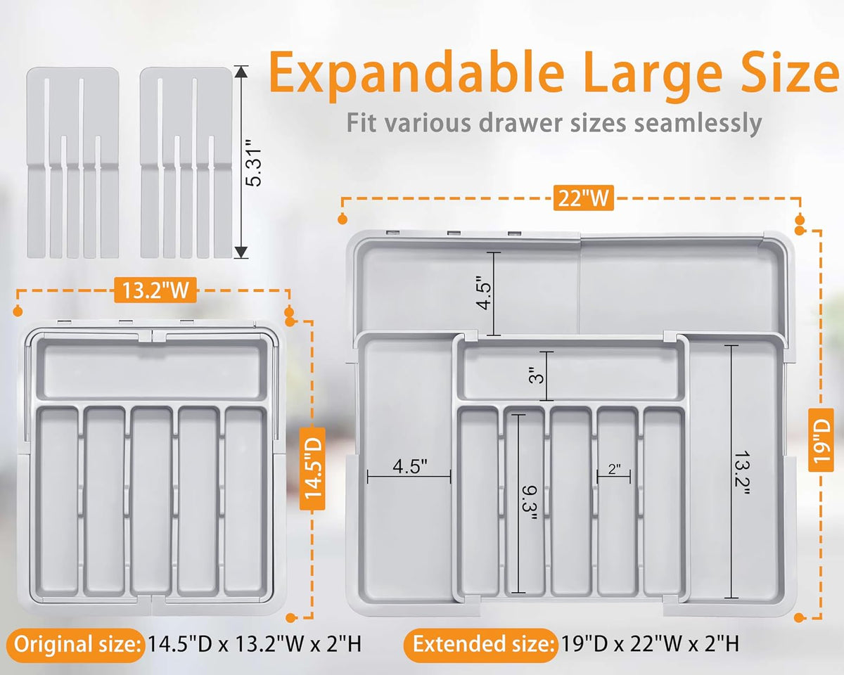 Silverware Organizer - Expandable Large Kitchen Drawer Organizer Utensil Organizer with 2 Removable Knife Blocks, 22"x 19"Cutlery Tray Drawer Dividers for Kitchen Flatware(6-9 Slots) (Black)