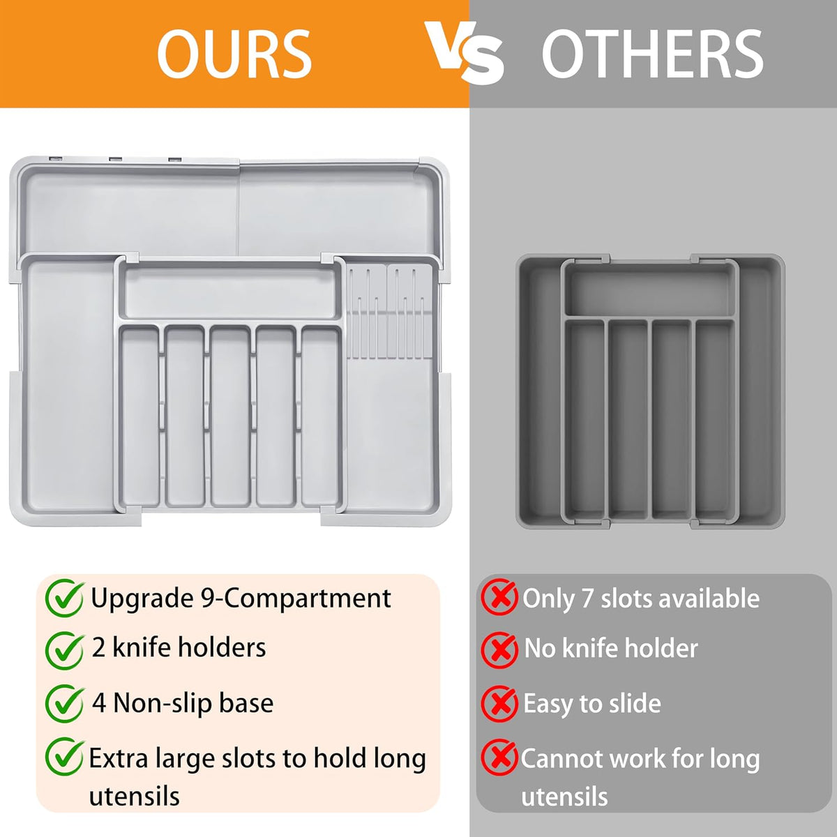 Silverware Organizer - Expandable Large Kitchen Drawer Organizer Utensil Organizer with 2 Removable Knife Blocks, 22"x 19"Cutlery Tray Drawer Dividers for Kitchen Flatware(6-9 Slots) (Black)