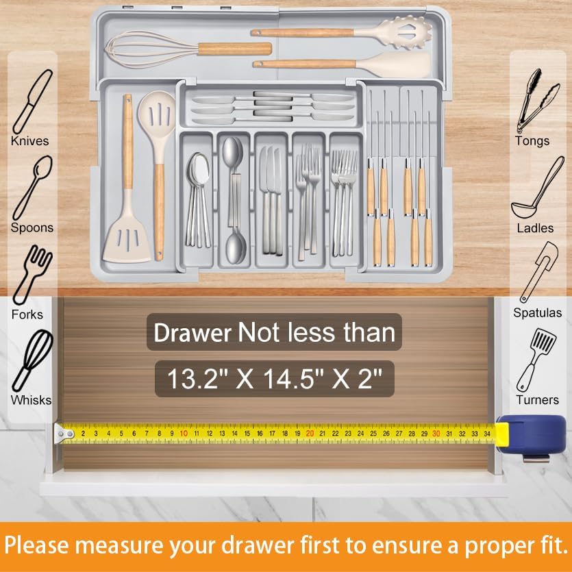 Silverware Organizer - Expandable Large Kitchen Drawer Organizer Utensil Organizer with 2 Removable Knife Blocks, 22"x 19"Cutlery Tray Drawer Dividers for Kitchen Flatware(6-9 Slots) (Black)