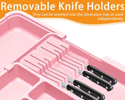 Silverware Organizer - Expandable Large Kitchen Drawer Organizer Utensil Organizer with 2 Removable Knife Blocks, 22"x 19"Cutlery Tray Drawer Dividers for Kitchen Flatware(6-9 Slots) (Black)