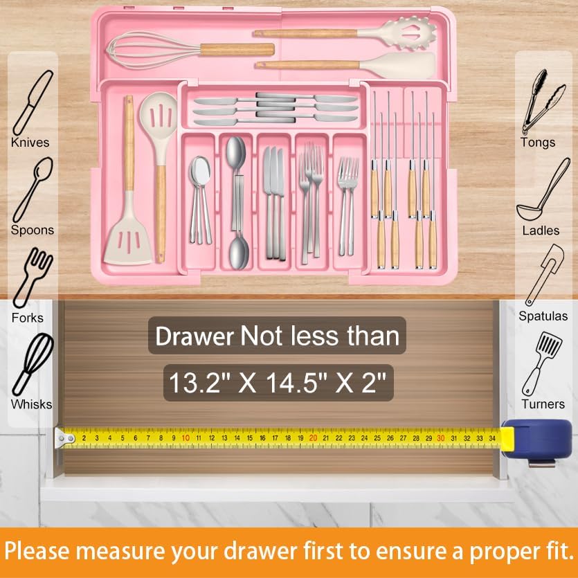 Silverware Organizer - Expandable Large Kitchen Drawer Organizer Utensil Organizer with 2 Removable Knife Blocks, 22"x 19"Cutlery Tray Drawer Dividers for Kitchen Flatware(6-9 Slots) (Black)