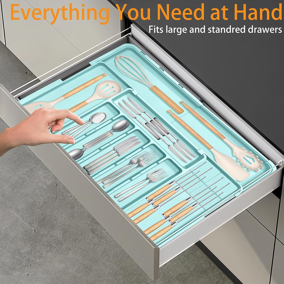Silverware Organizer - Expandable Large Kitchen Drawer Organizer Utensil Organizer with 2 Removable Knife Blocks, 22"x 19"Cutlery Tray Drawer Dividers for Kitchen Flatware(6-9 Slots) (Black)