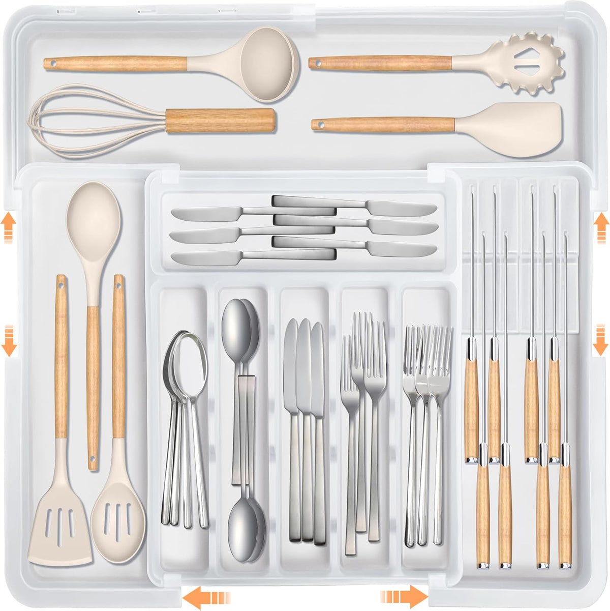 Silverware Organizer - Expandable Large Kitchen Drawer Organizer Utensil Organizer with 2 Removable Knife Blocks, 22"x 19"Cutlery Tray Drawer Dividers for Kitchen Flatware(6-9 Slots) (Black)