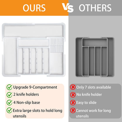Silverware Organizer - Expandable Large Kitchen Drawer Organizer Utensil Organizer with 2 Removable Knife Blocks, 22"x 19"Cutlery Tray Drawer Dividers for Kitchen Flatware(6-9 Slots) (Black)