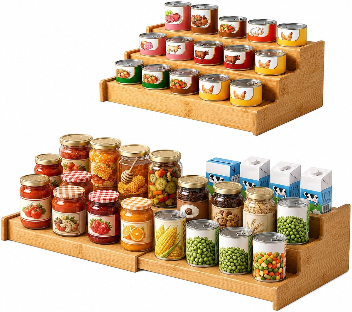 3-Tier Expandable Bamboo Can Rack Organizer for Cabinet & Pantry