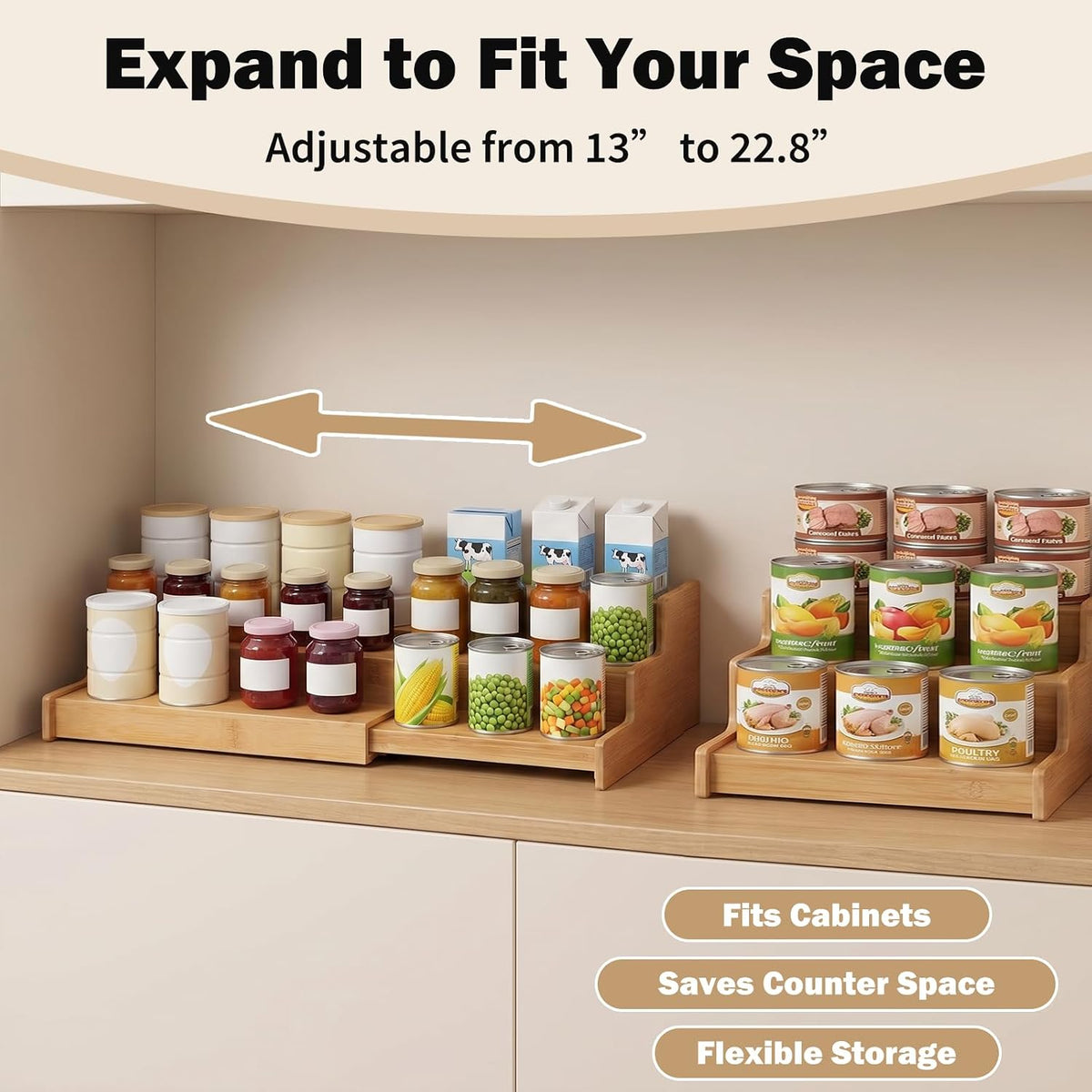 3-Tier Expandable Bamboo Can Rack Organizer for Cabinet & Pantry