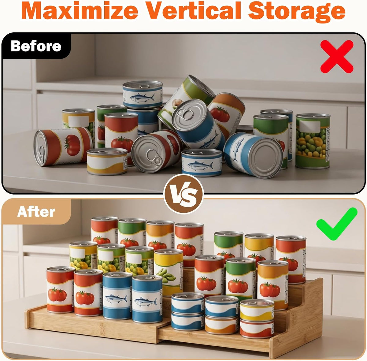 3-Tier Expandable Bamboo Can Rack Organizer for Cabinet & Pantry