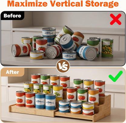 3-Tier Expandable Bamboo Can Rack Organizer for Cabinet & Pantry