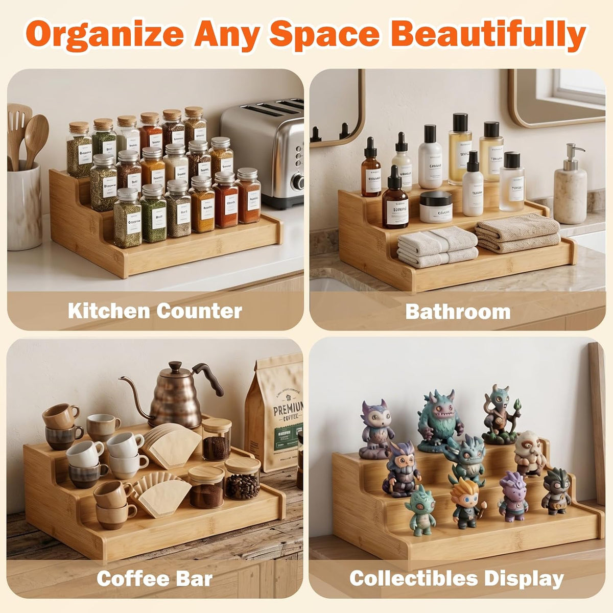3-Tier Expandable Bamboo Can Rack Organizer for Cabinet & Pantry